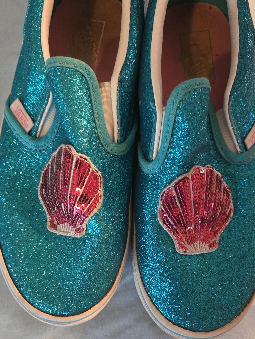 Vans Teal Glitter Slip-On Sneakers with Pink Shell Appliqués